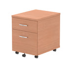 Wood-effect file cabinet with two drawers on wheels against a white background
