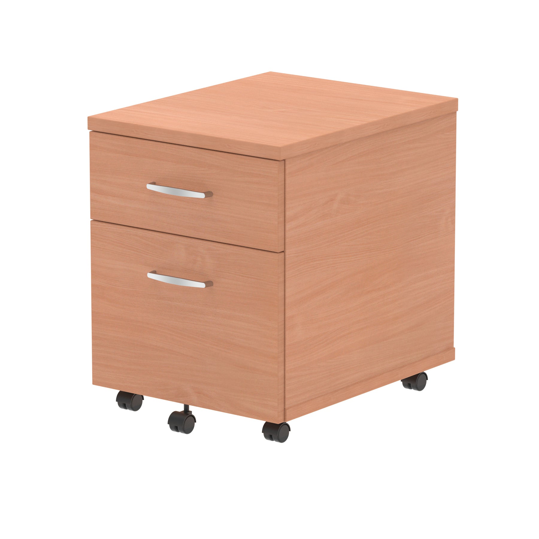 Wood-effect file cabinet with two drawers on wheels against a white background