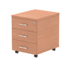 Wood-effect file cabinet with three drawers on wheels against a white background
