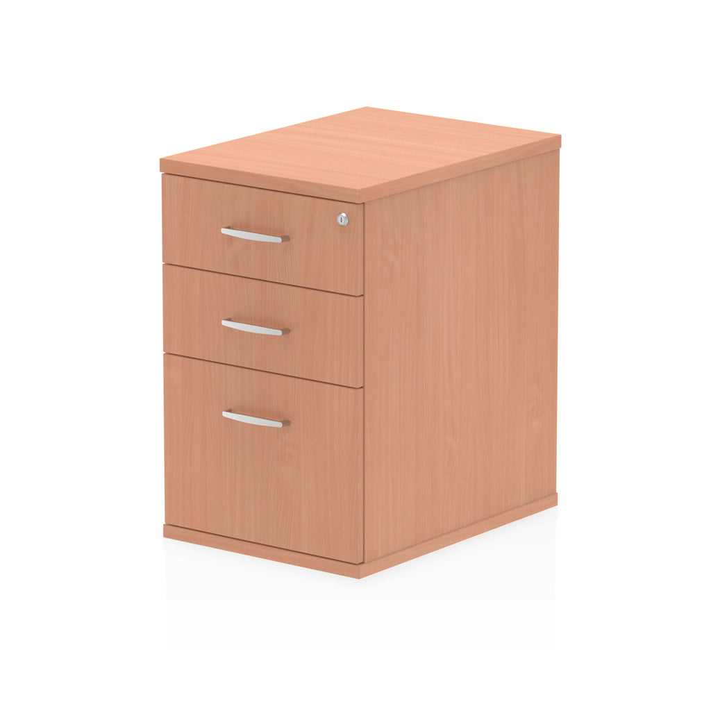 Wood-effect file cabinet with three drawers on a white background