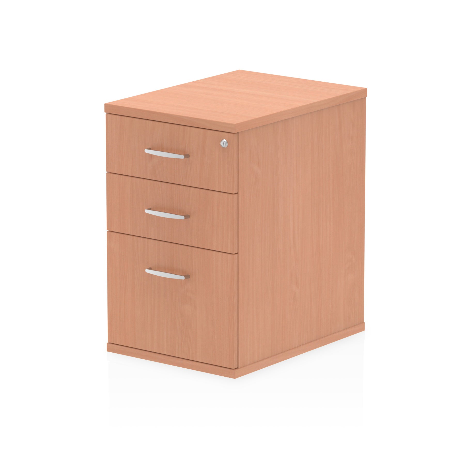 Wood-effect file cabinet with three drawers on a white background