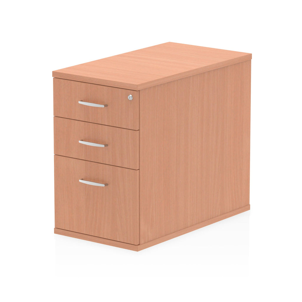 Wood-effect file cabinet with three drawers on a white background