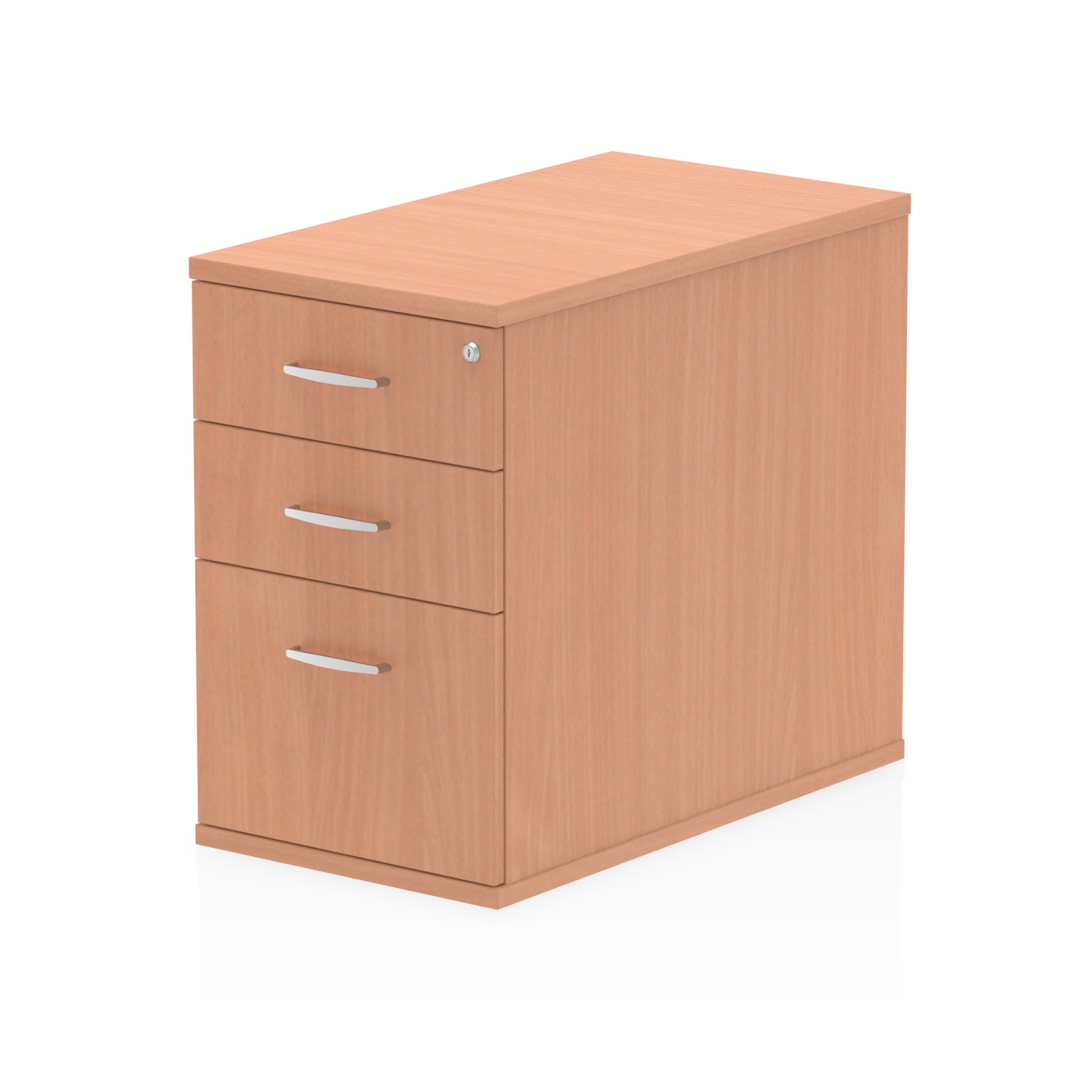 Wood-effect file cabinet with three drawers on a white background