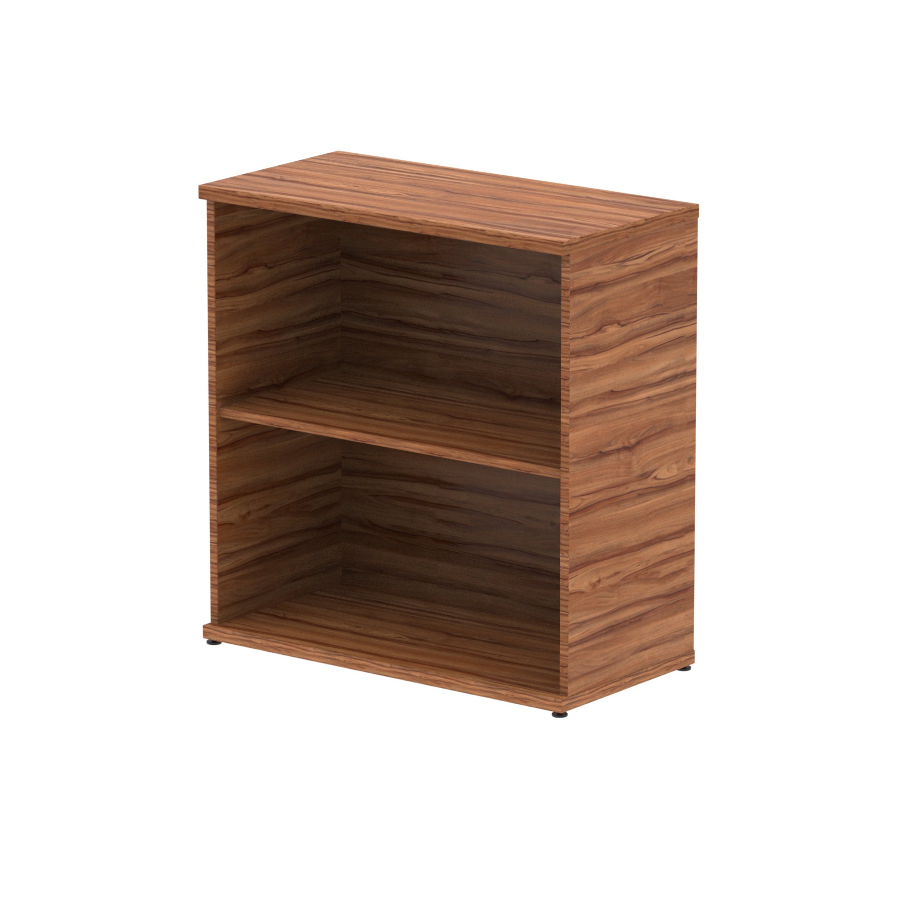 Wood-effect bookshelf with one shelf on a white background
