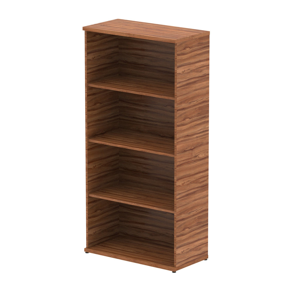 Wood-effect bookshelf with three shelves on a white background