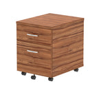 Wood-effect file cabinet with two drawers on wheels against a white background