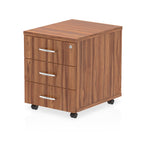 Wood-effect file cabinet with three drawers on wheels against a white background
