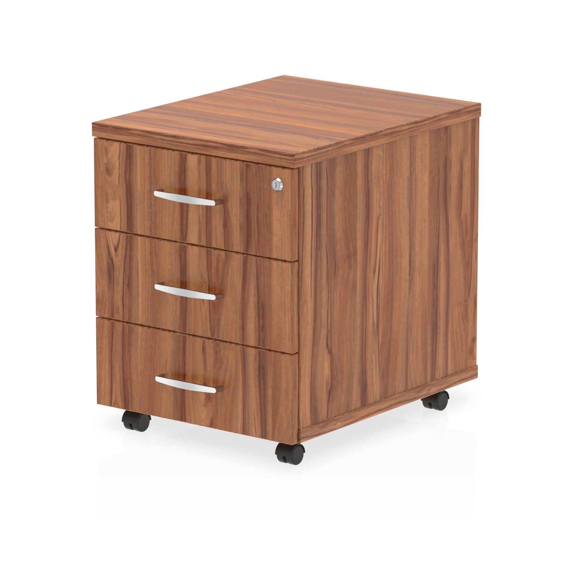 Wood-effect file cabinet with three drawers on wheels against a white background
