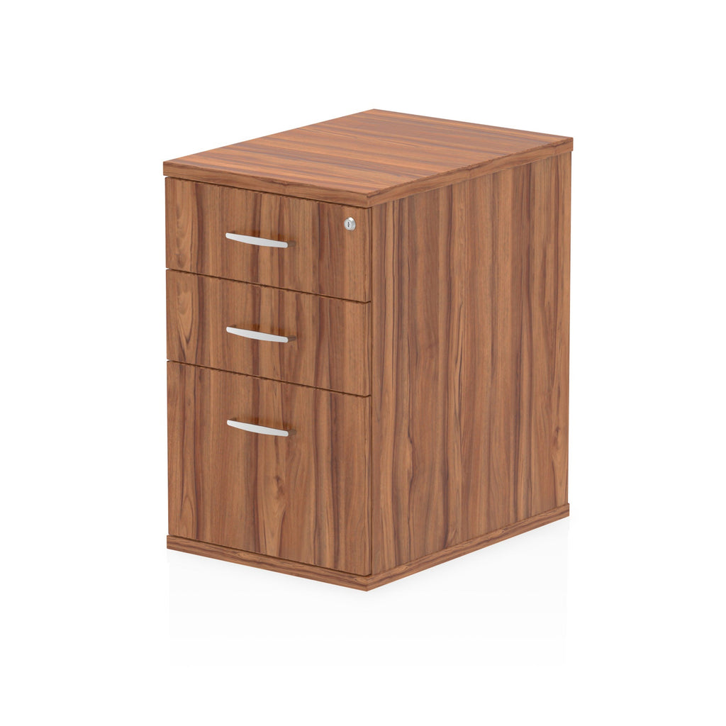 Wood-effect file cabinet with three drawers on a white background