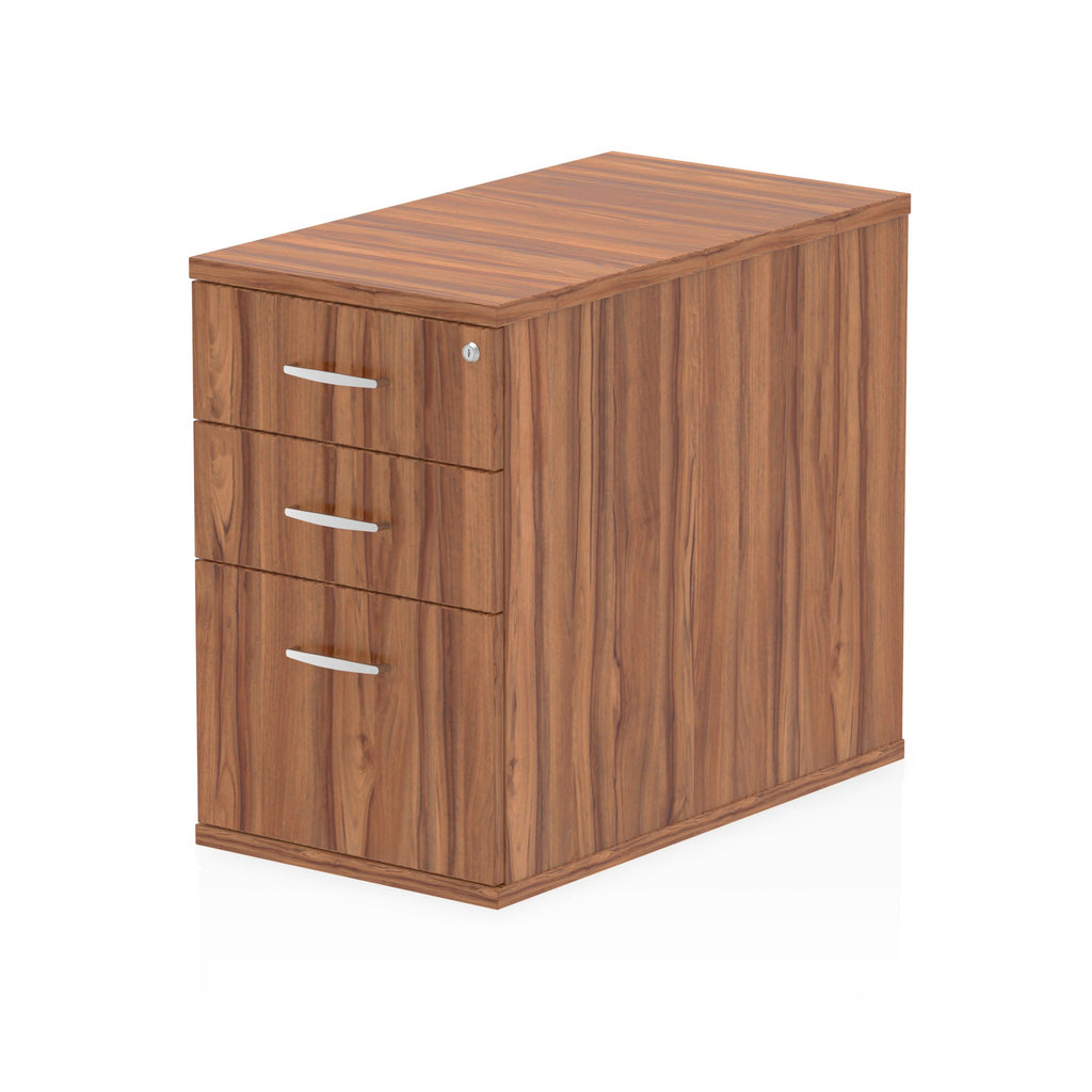Wood-effect file cabinet with three drawers on a white background