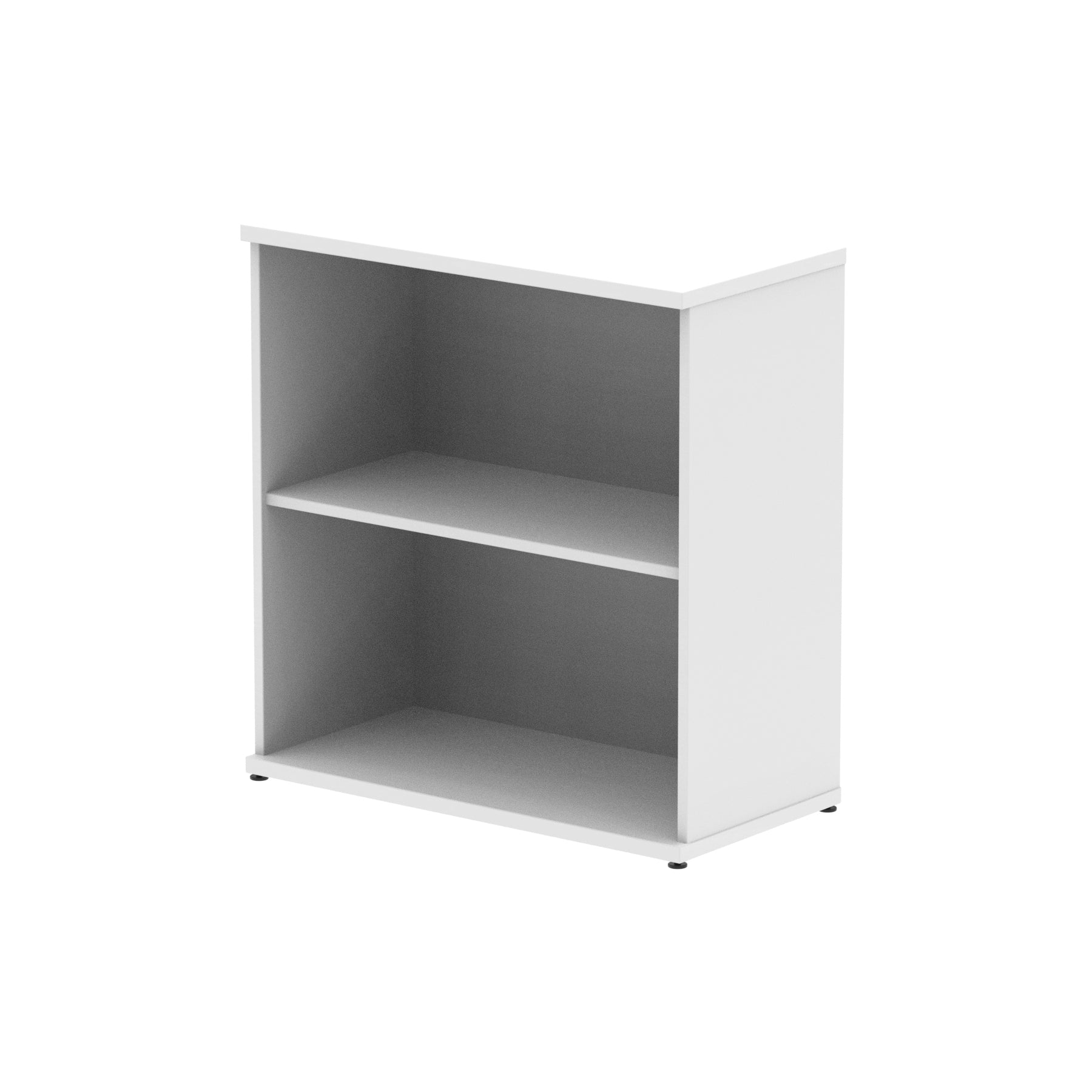 White bookshelf with one shelf on a white background
