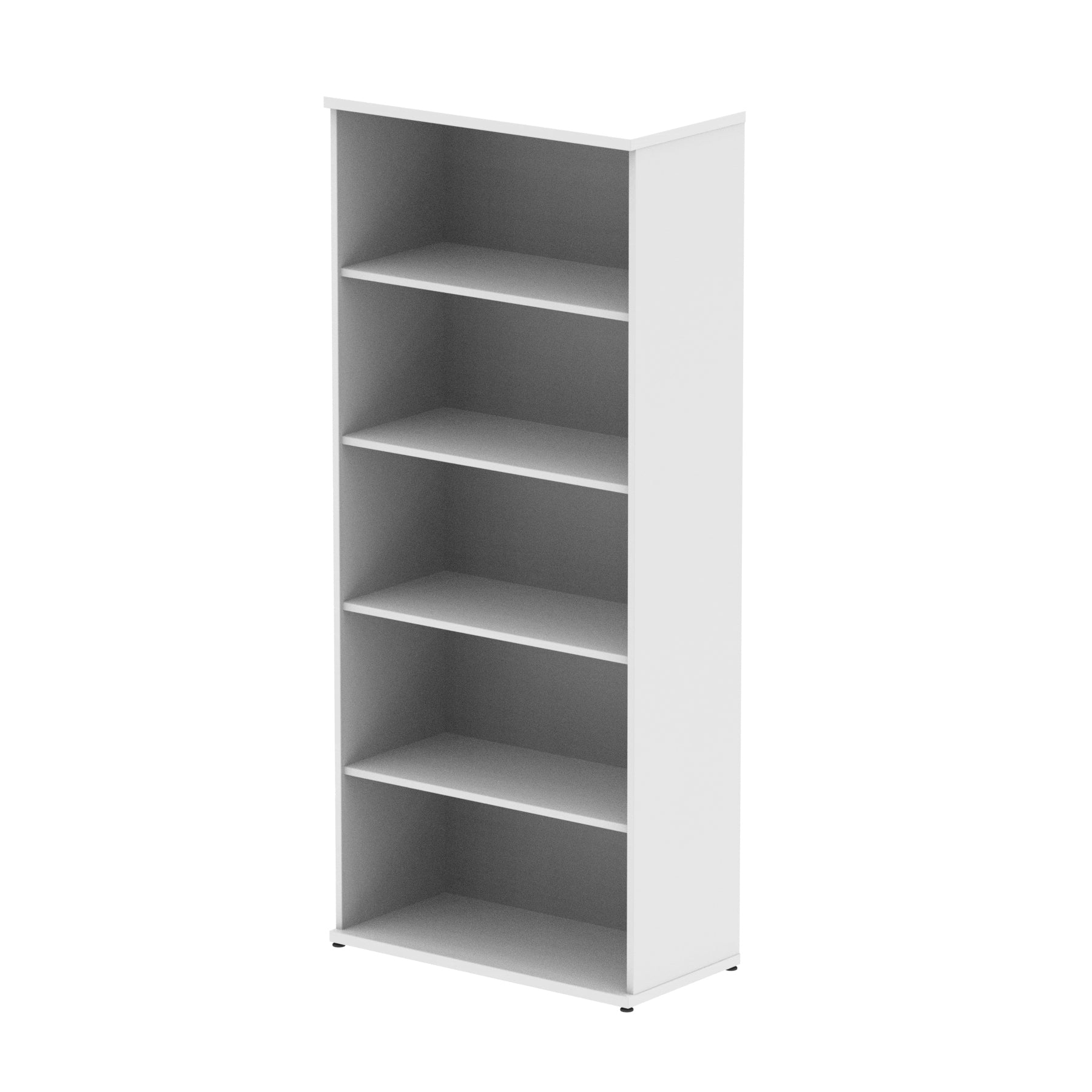 White bookshelf with four shelves on a white background