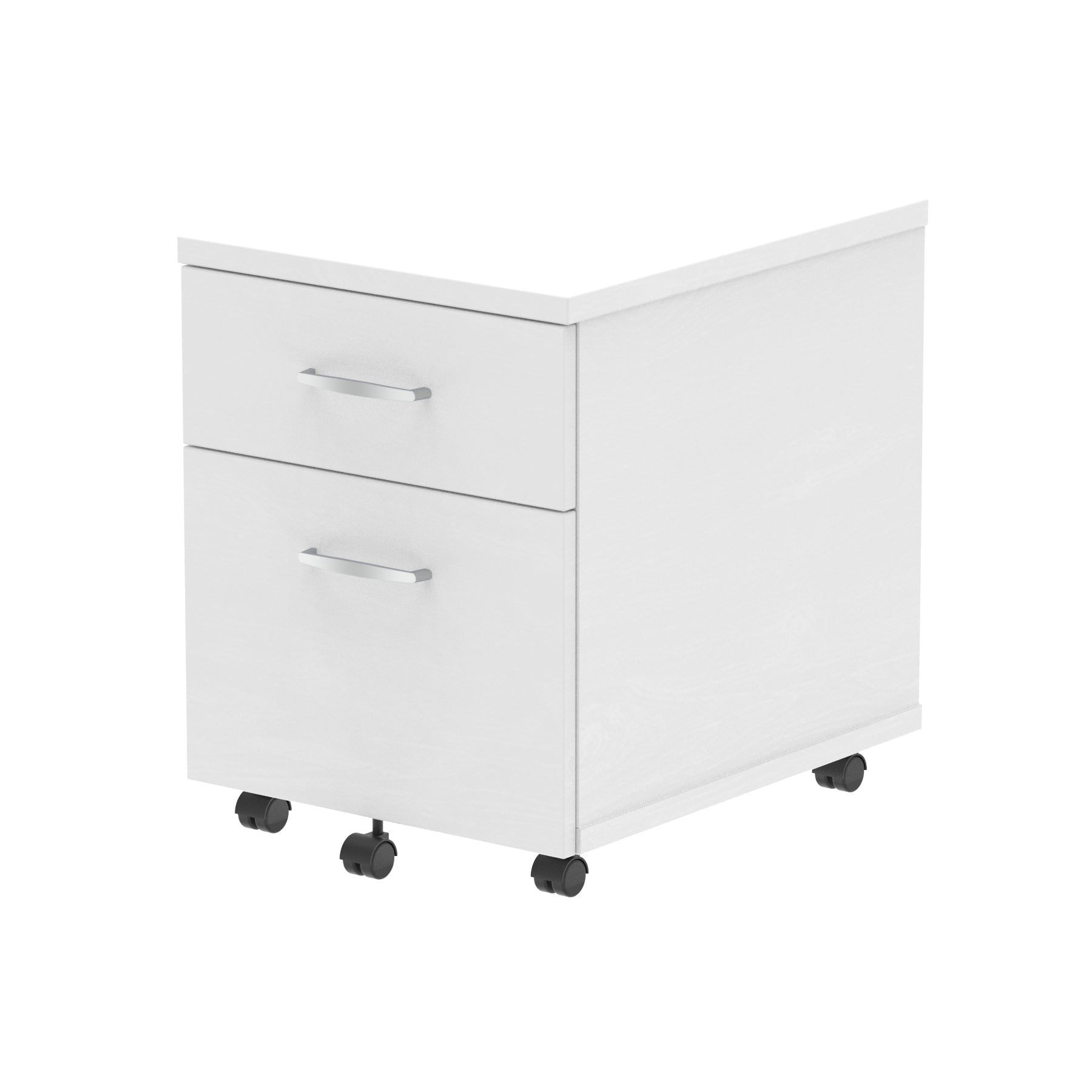 White file cabinet with two drawers on wheels against a white background
