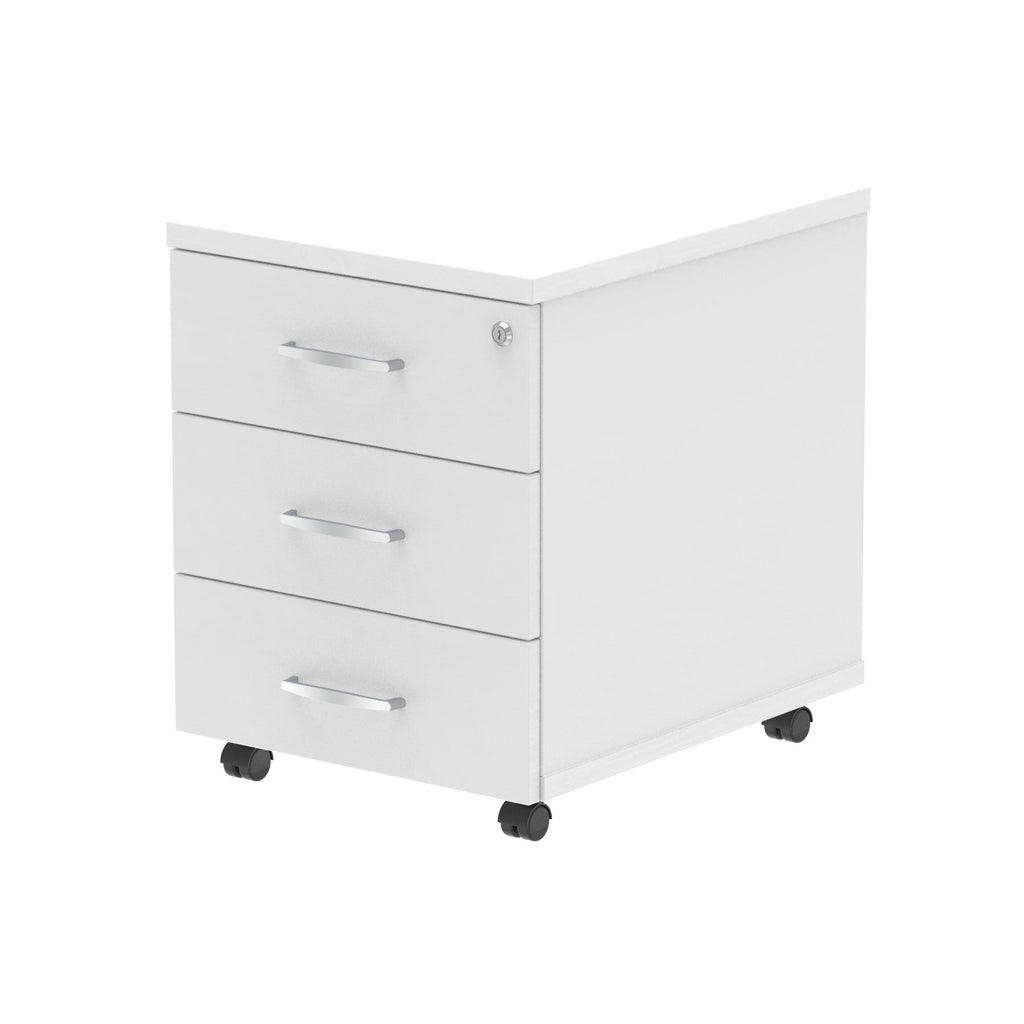 White three-drawer filing cabinet on wheels with a white background