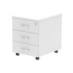 White three-drawer filing cabinet on wheels with a white background