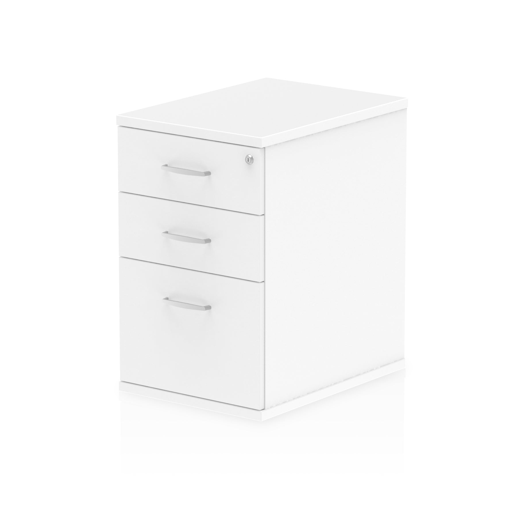 White three-drawer filing cabinet on a white background