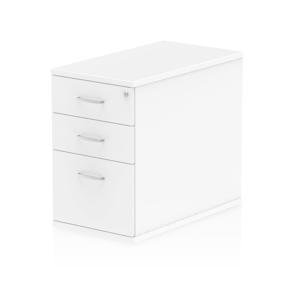 White three-drawer filing cabinet on a white background
