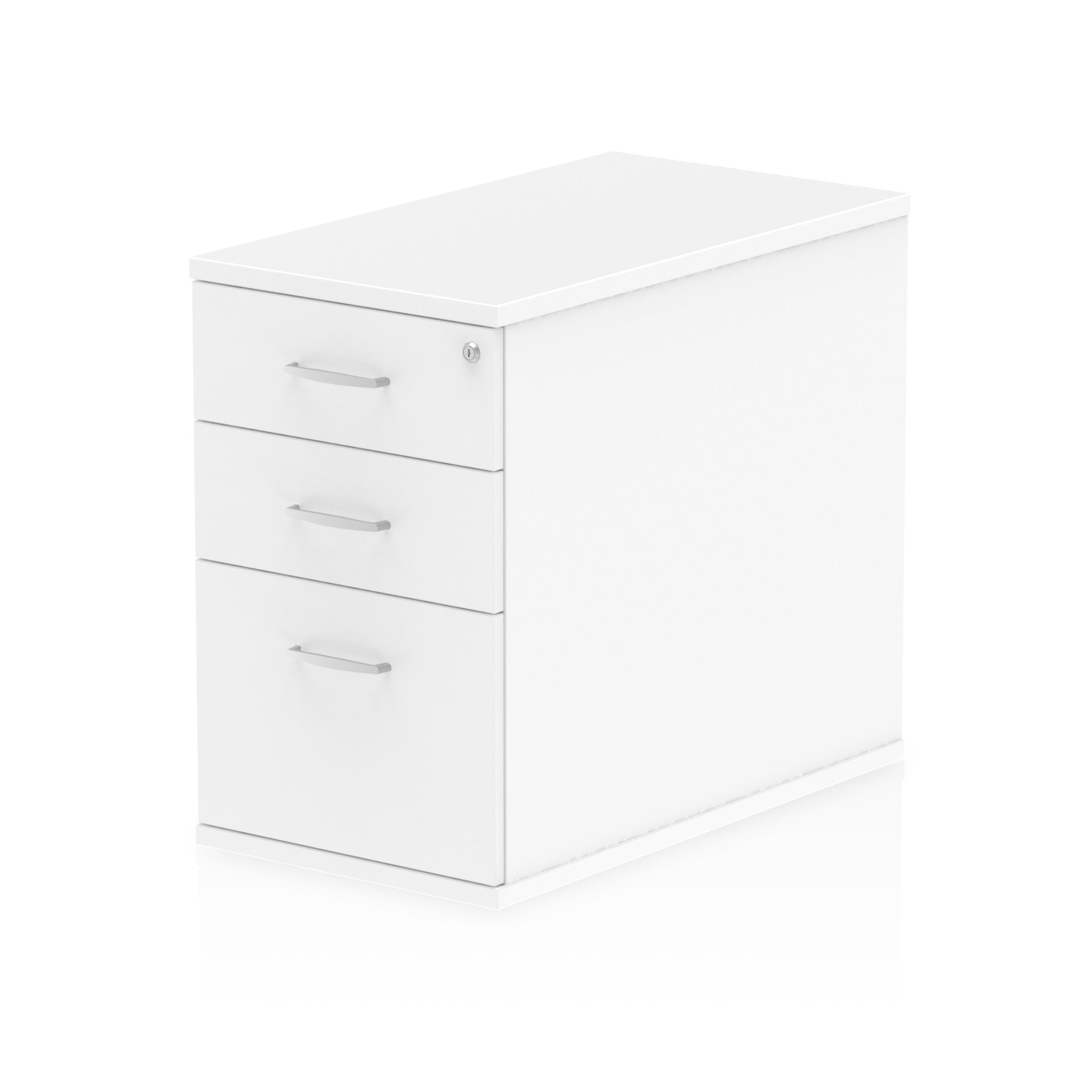 White three-drawer filing cabinet on a white background