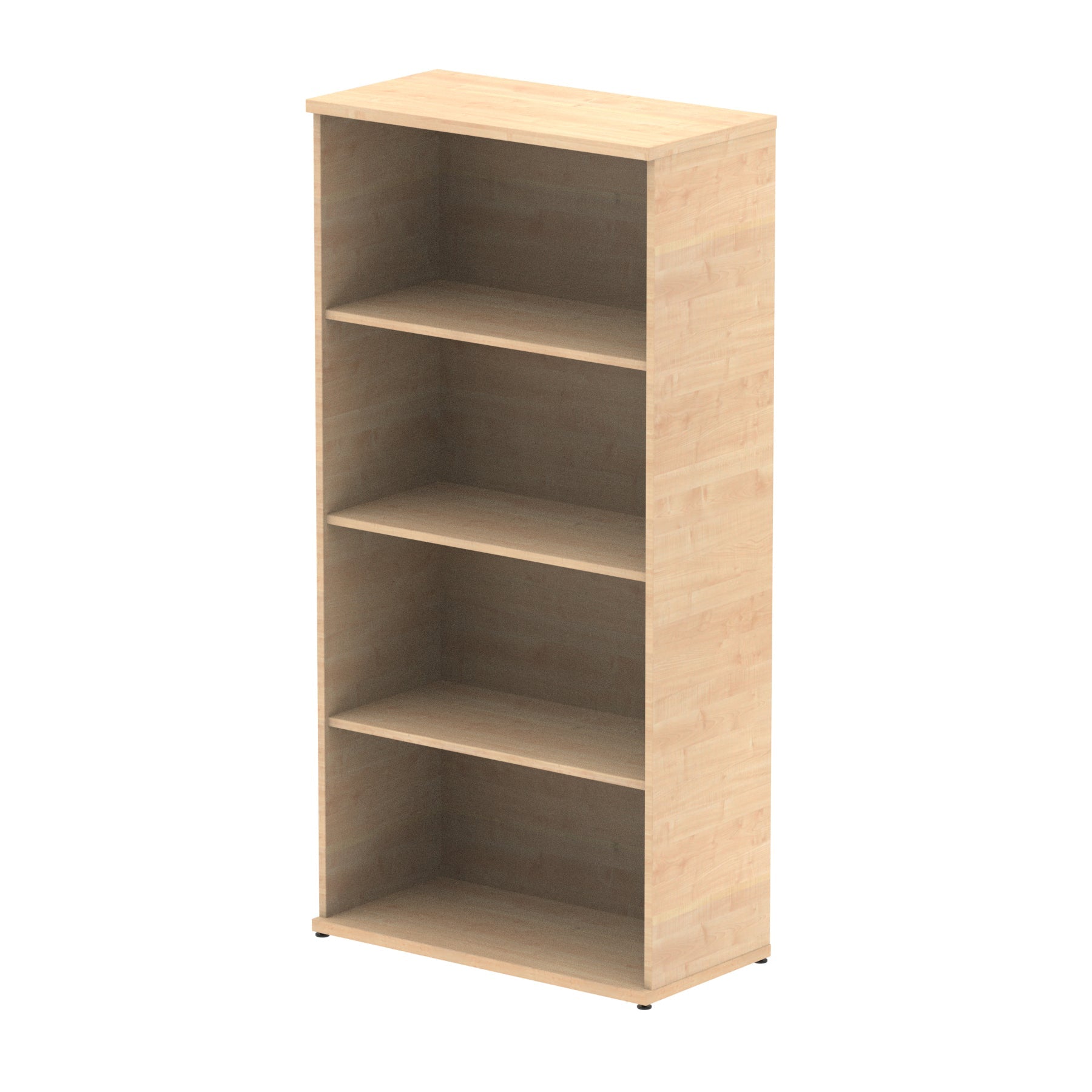 Wood-effect bookshelf with three shelves on a white background