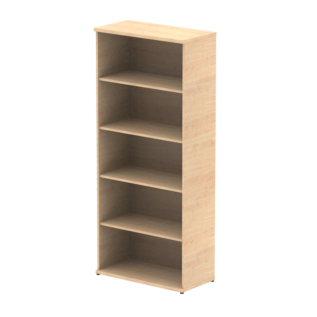 Wood-effect bookshelf with four shelves on a white background