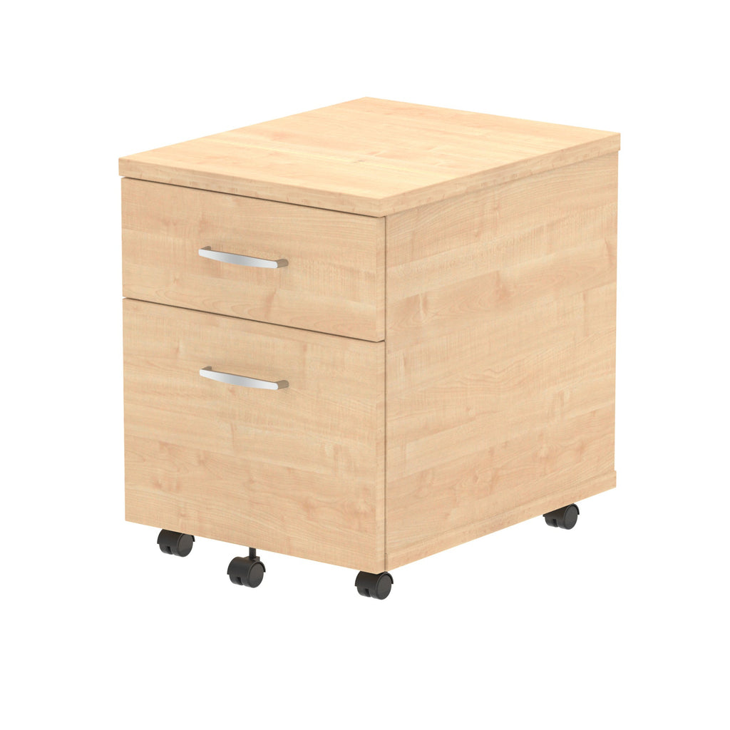 Wood-effect file cabinet with two drawers on wheels against a white background