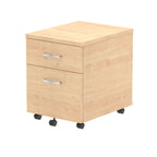 Wood-effect file cabinet with two drawers on wheels against a white background