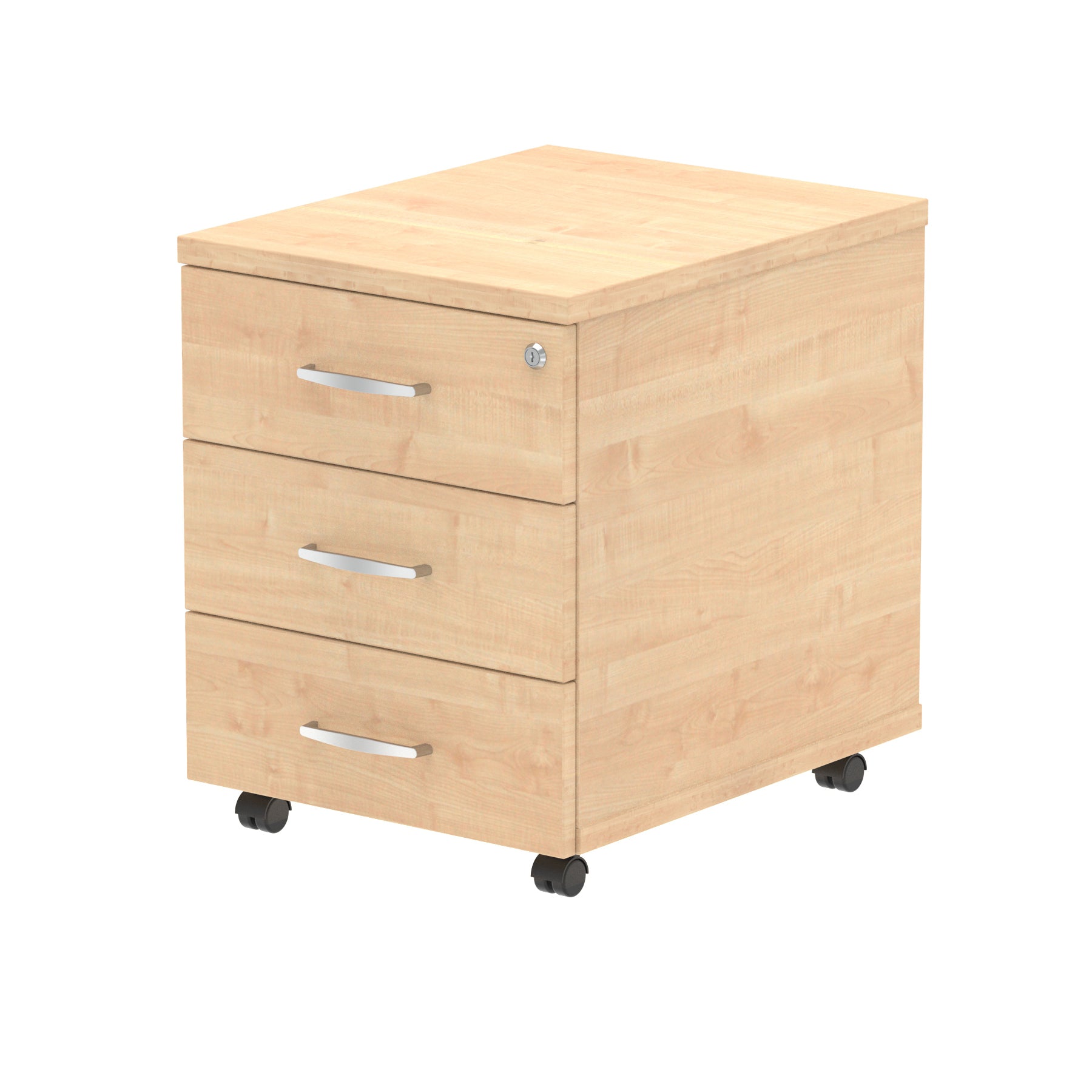 Wood-effect file cabinet with three drawers on wheels against a white background