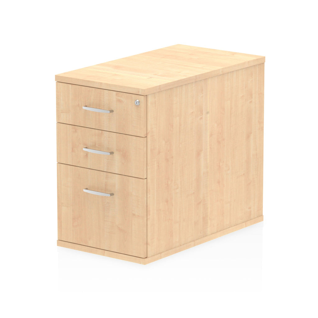 Wood-effect file cabinet with three drawers on a white background
