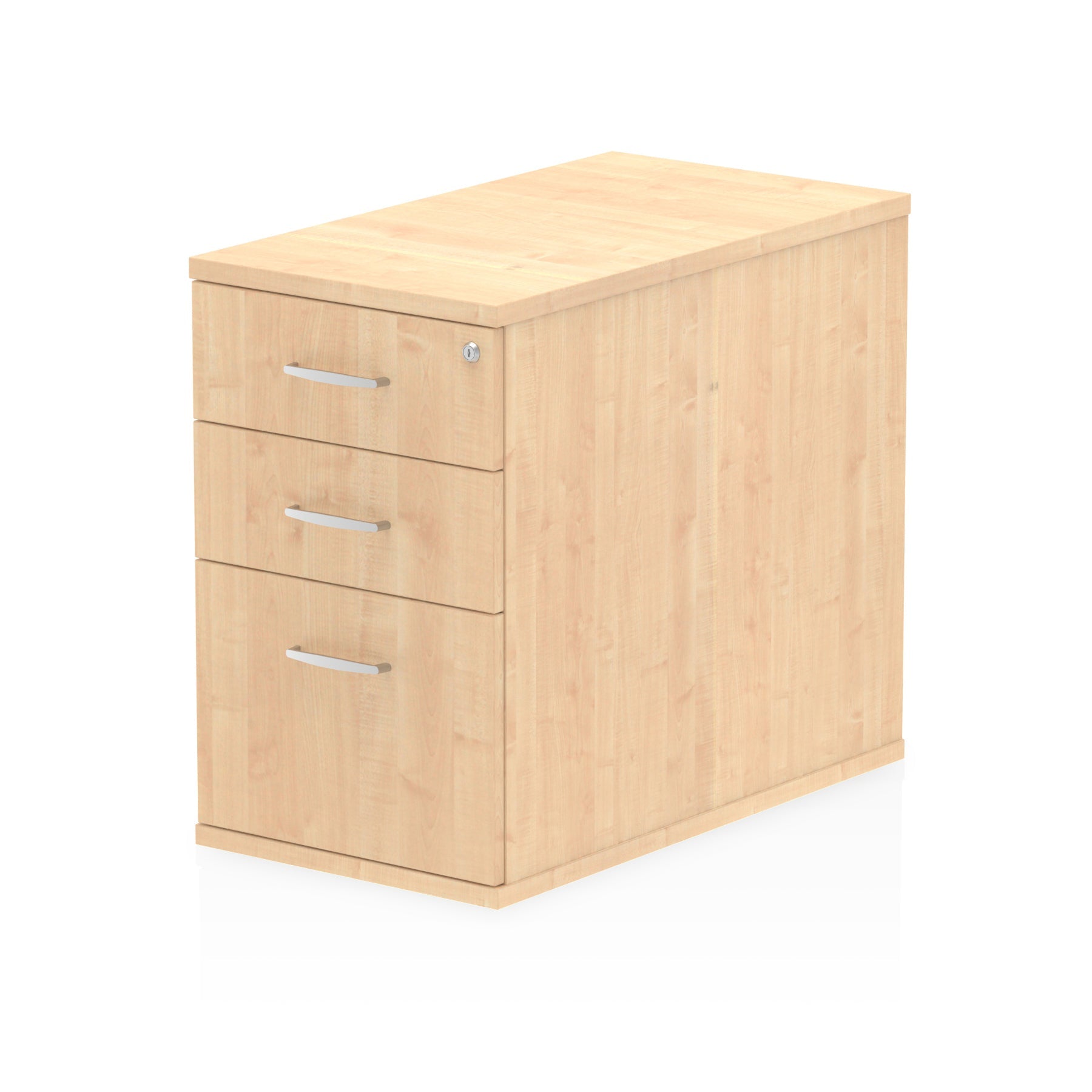 Wood-effect file cabinet with three drawers on a white background