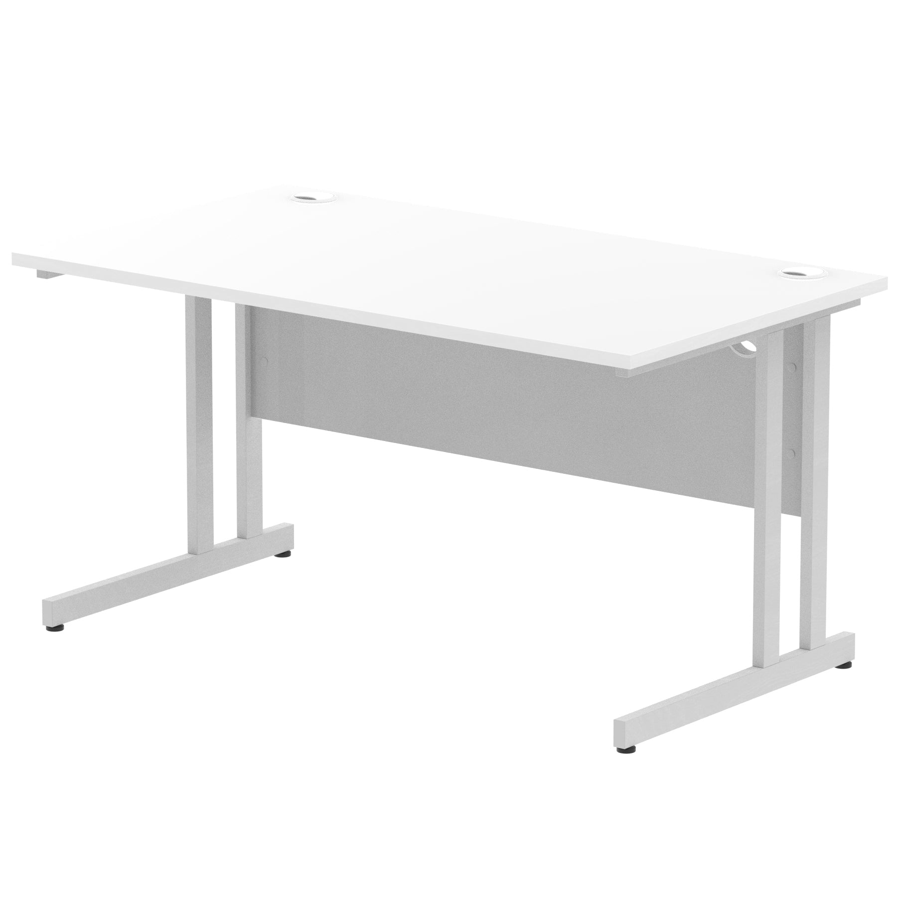 Office desk with white top and metal frame on a white background