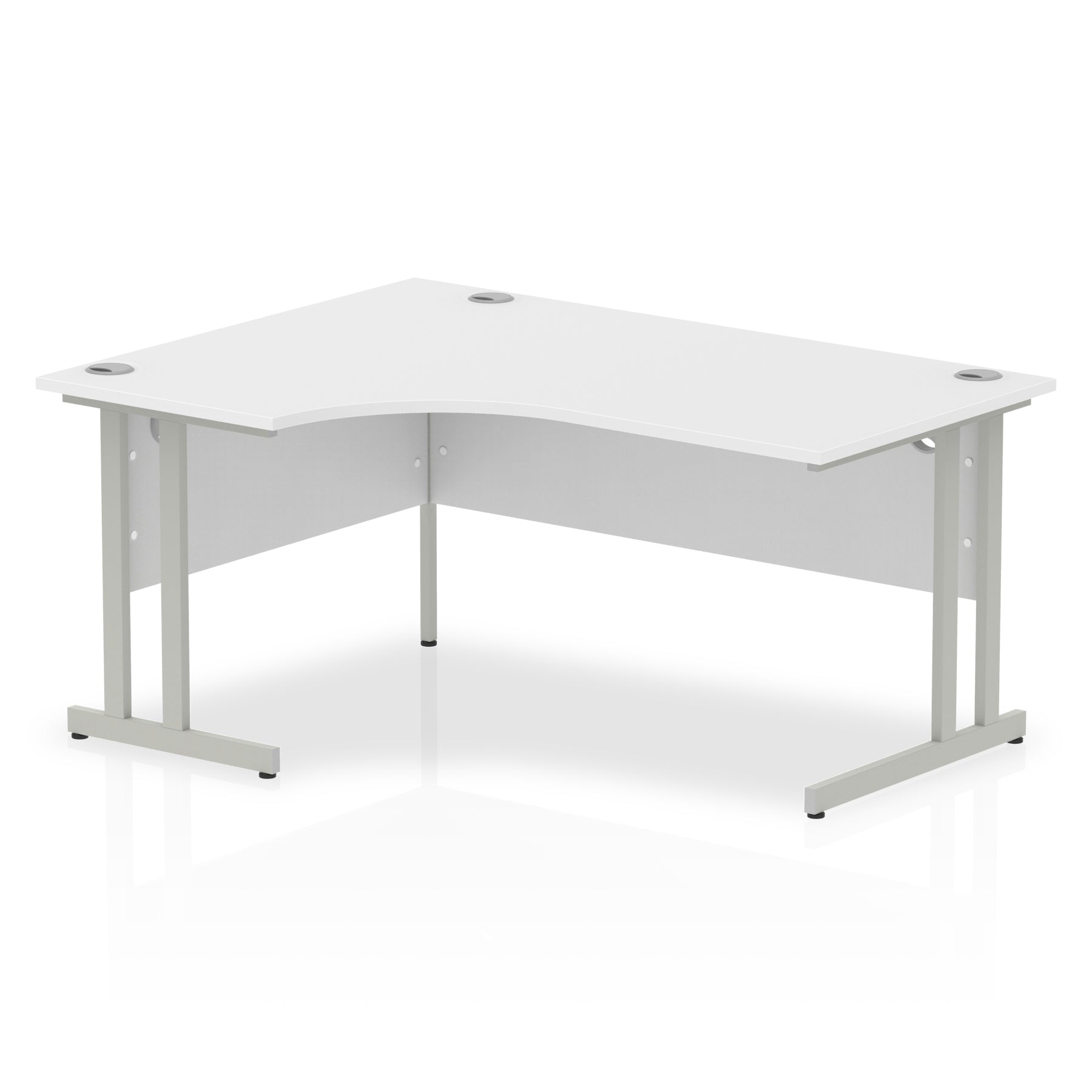 White L-shaped desk with silver metal legs on a white background