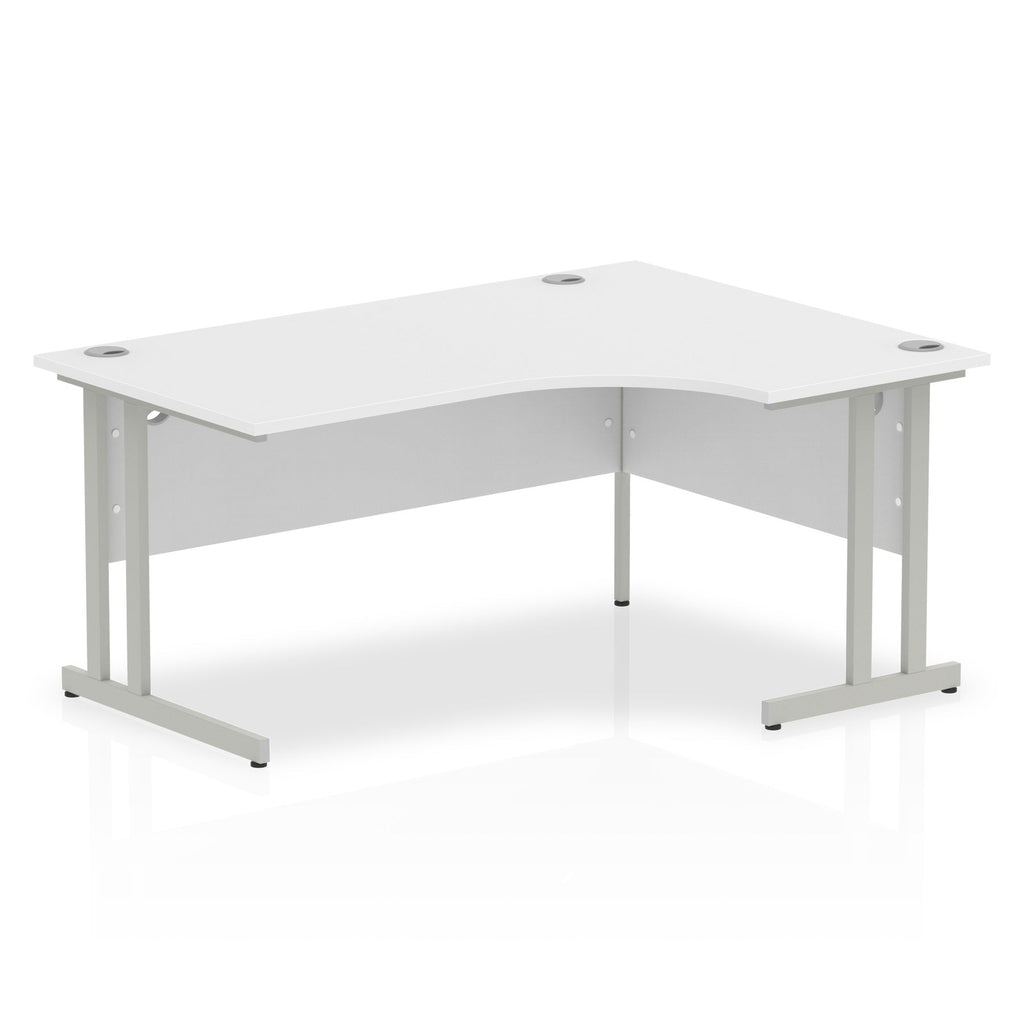 White L-shaped desk with metal legs on a white background