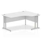 White L-shaped desk with metal legs on a white background