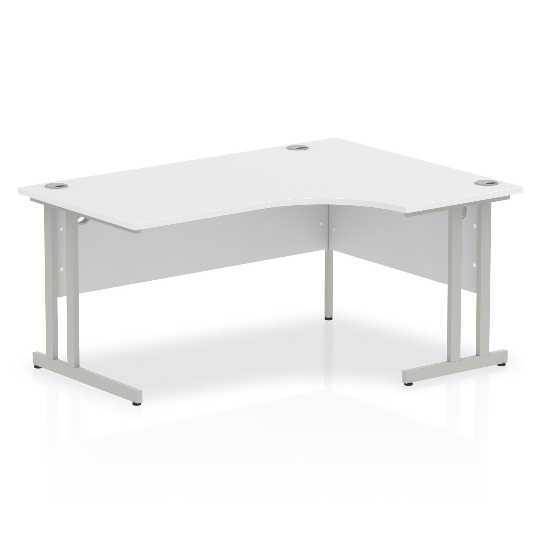 White L-shaped desk with metal legs on a white background