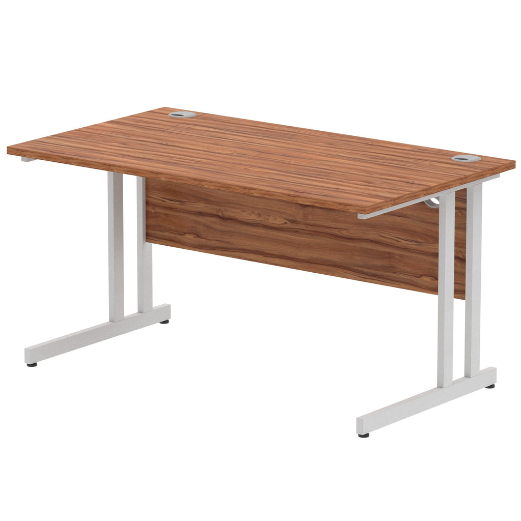 Office desk with wood-effect top and metal frame on a white background