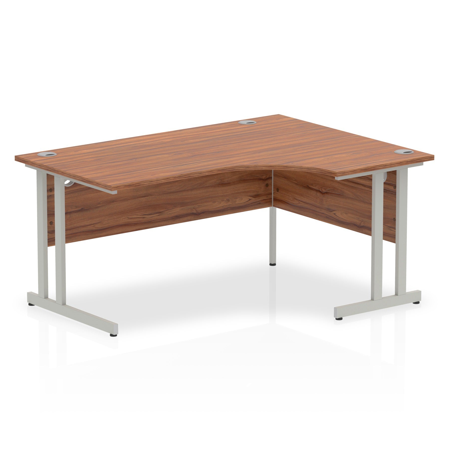 Wood-effect L-shaped desk with metal legs on a white background