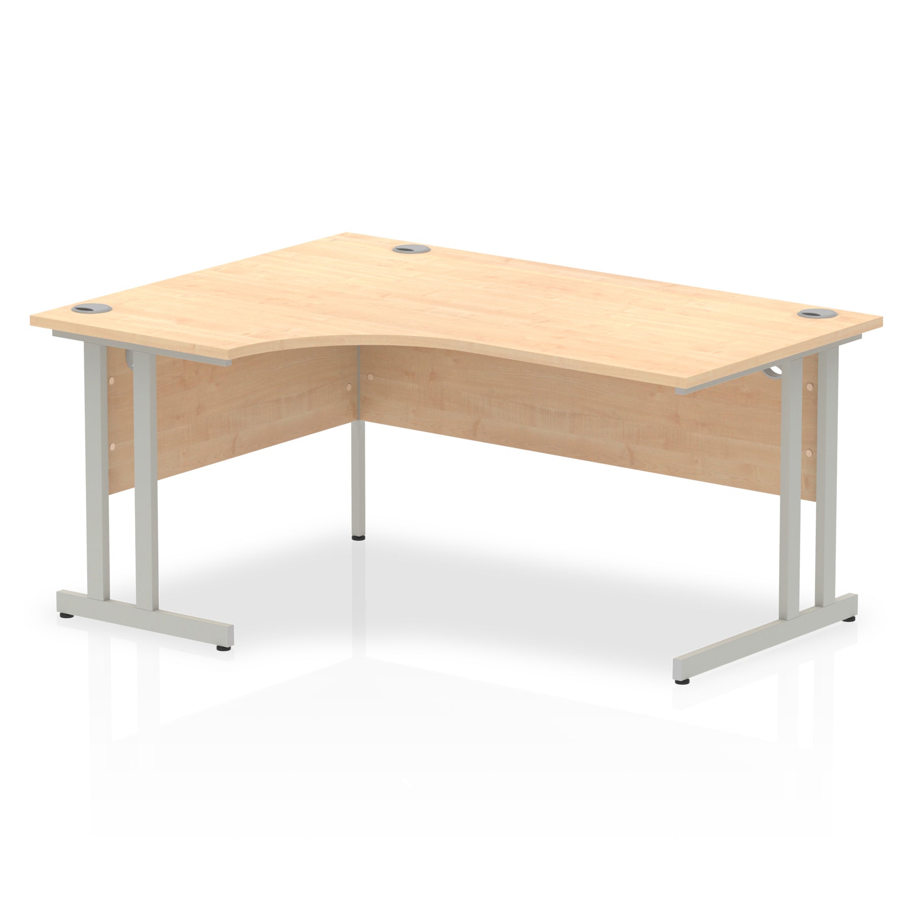  L-shaped desk with wood-effect top and metal legs on a white background