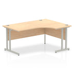 Wood-effect L-shaped desk with metal legs on a white background
