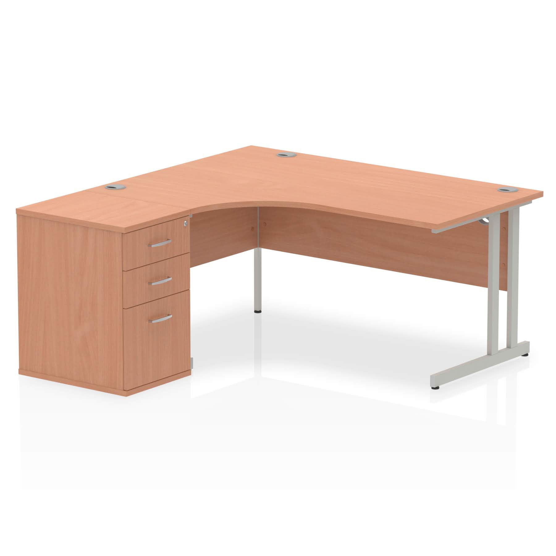 Wood-effect L-shaped desk with metal legs on a white background