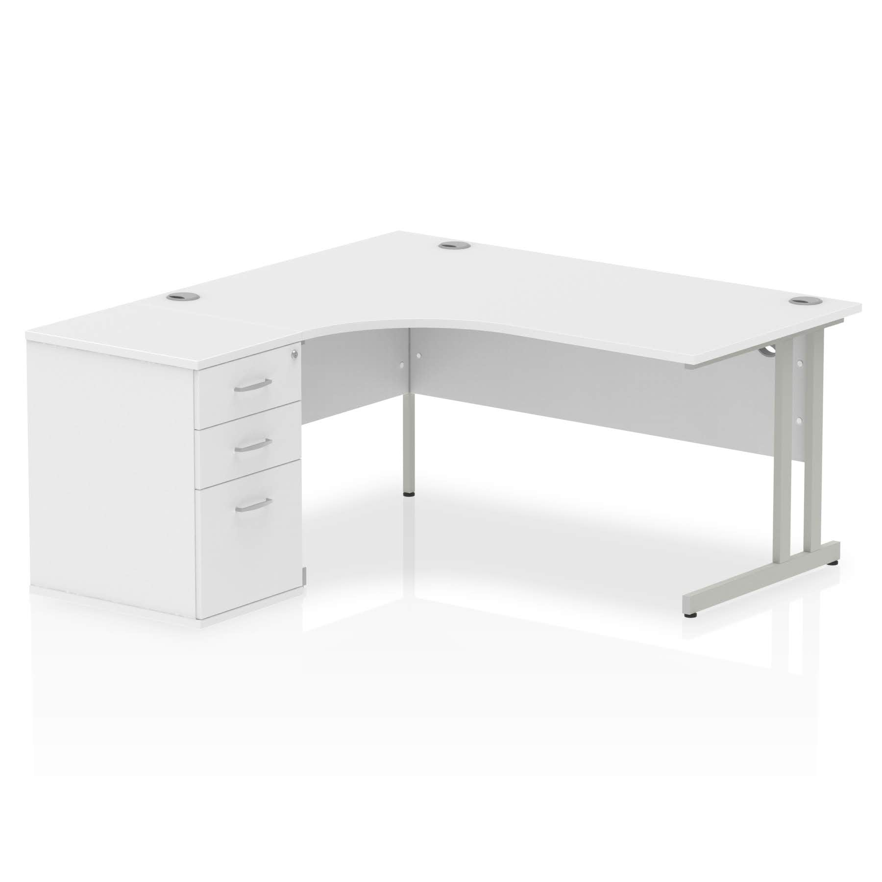 White L-shaped desk with metal legs on a white background