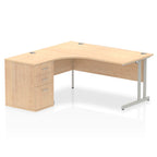 Wood-effect L-shaped desk with metal legs on a white background