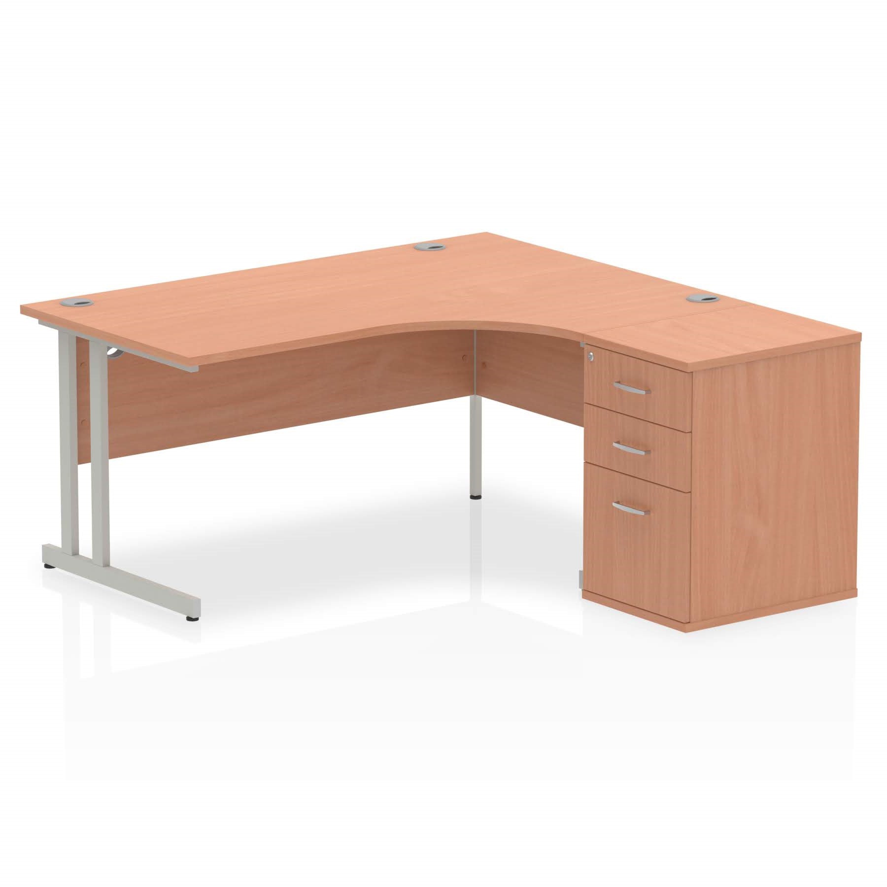 Wood-effect L-shaped desk with metal legs on a white background