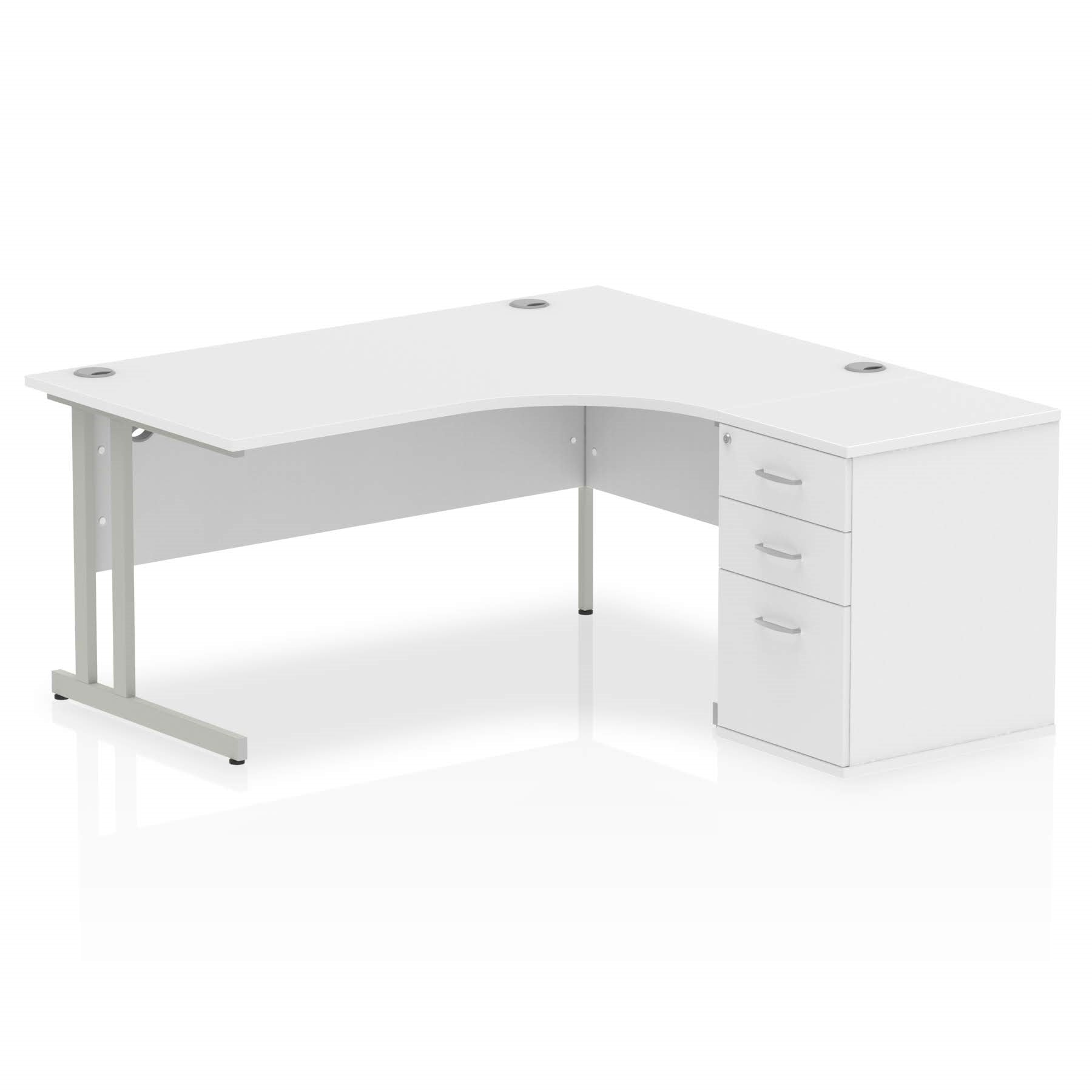 White L-shaped desk with metal legs on a white background
