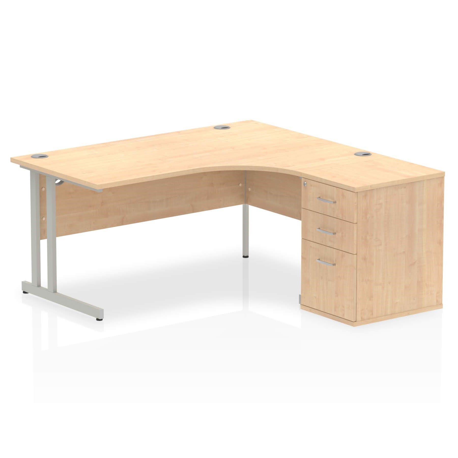 Wood-effect L-shaped desk with metal legs on a white background