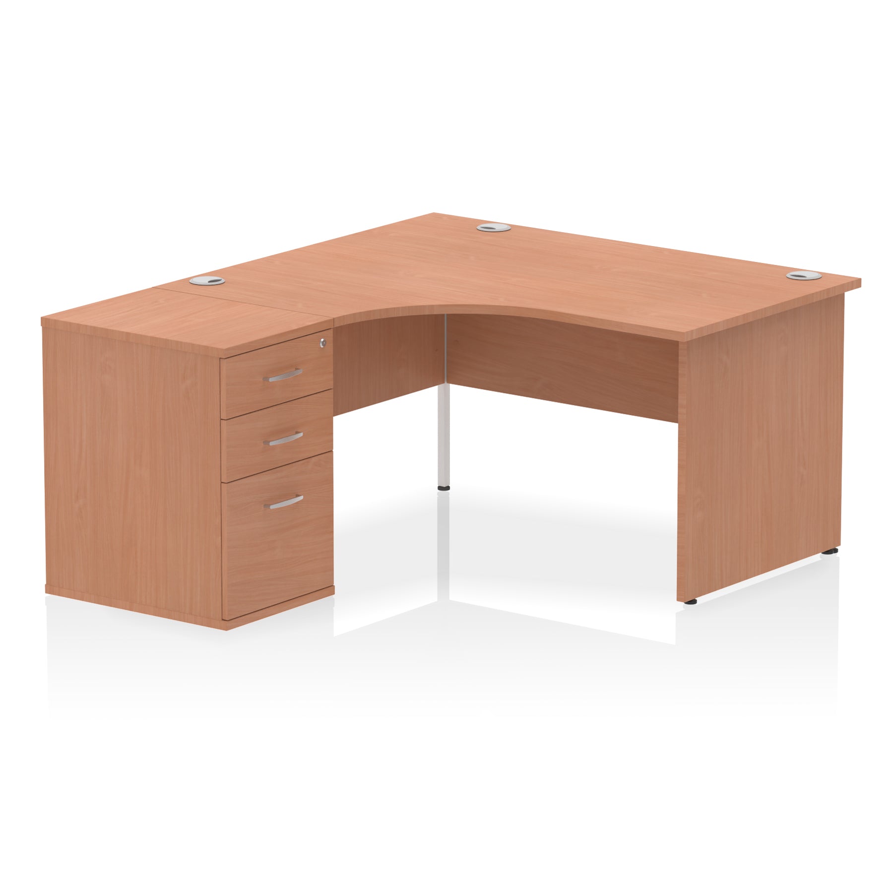 Wood-effect L-shaped desk with drawers on a white background