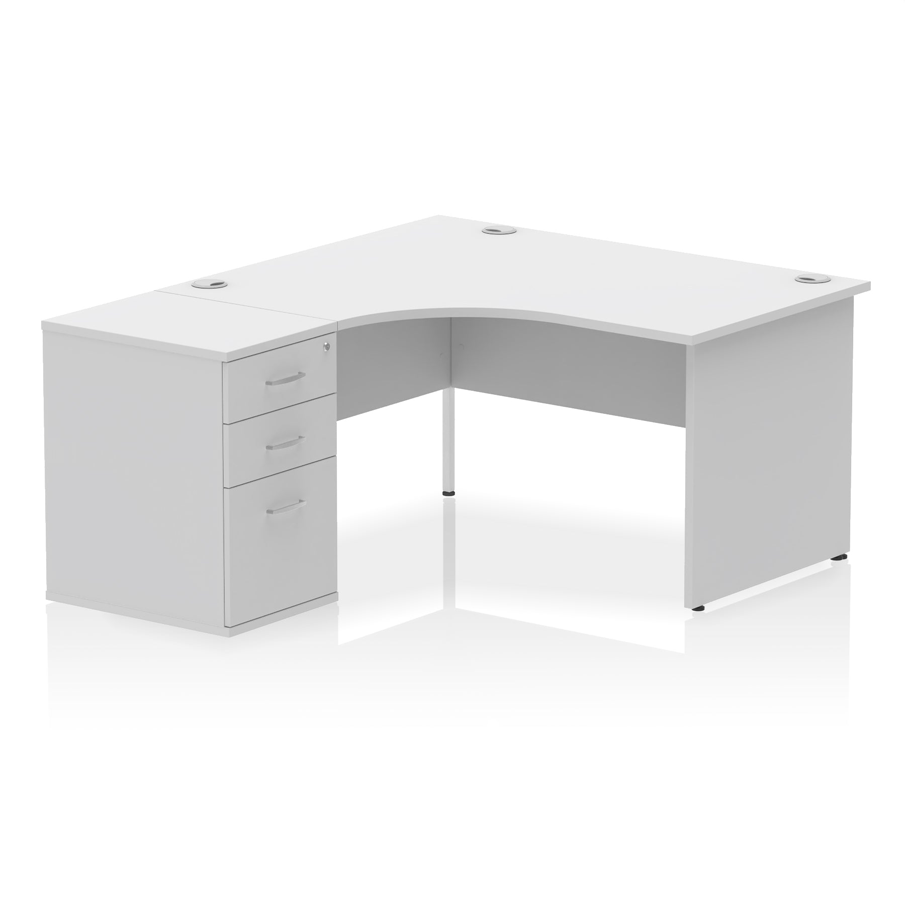 White L-shaped office desk with drawers on a white background