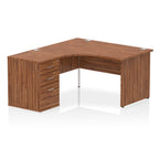 Wood-effect L-shaped desk with drawers on a white background