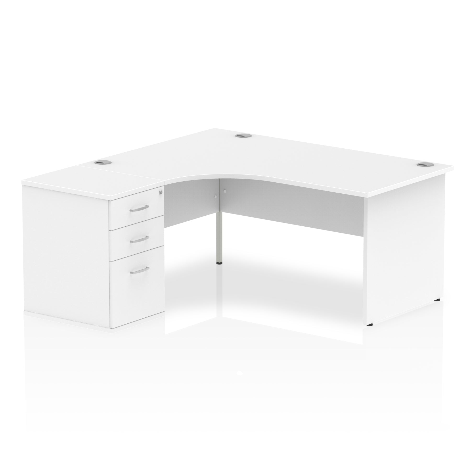 White L-shaped office desk on a white background