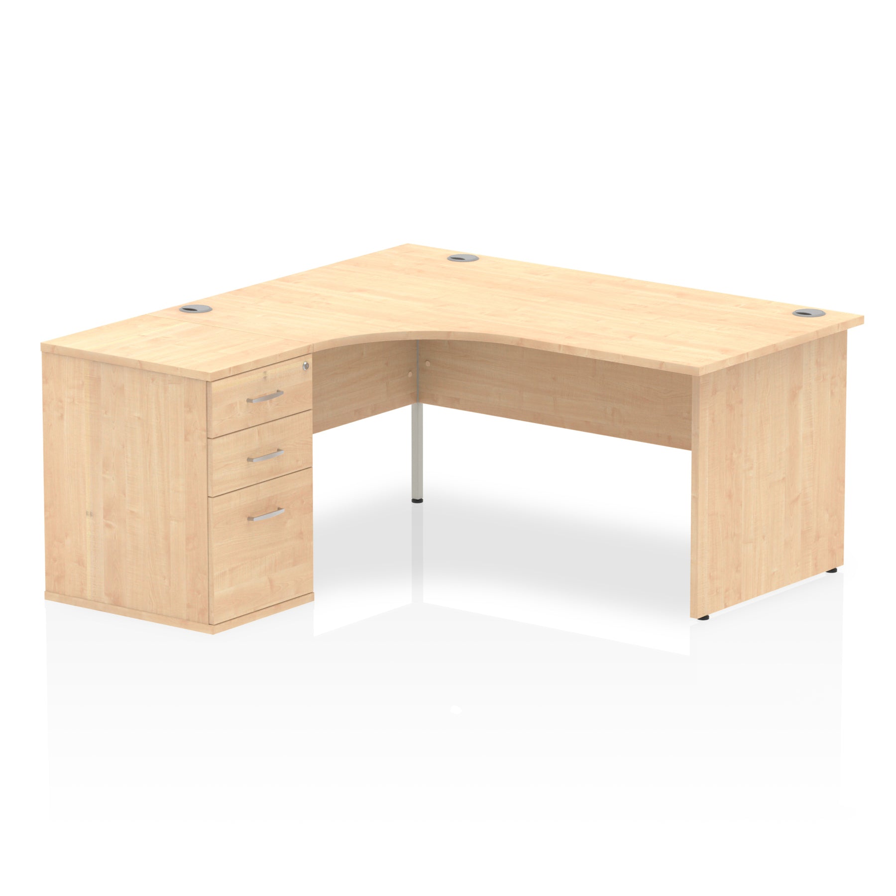 Wood-effect L-shaped desk with drawers on a white background