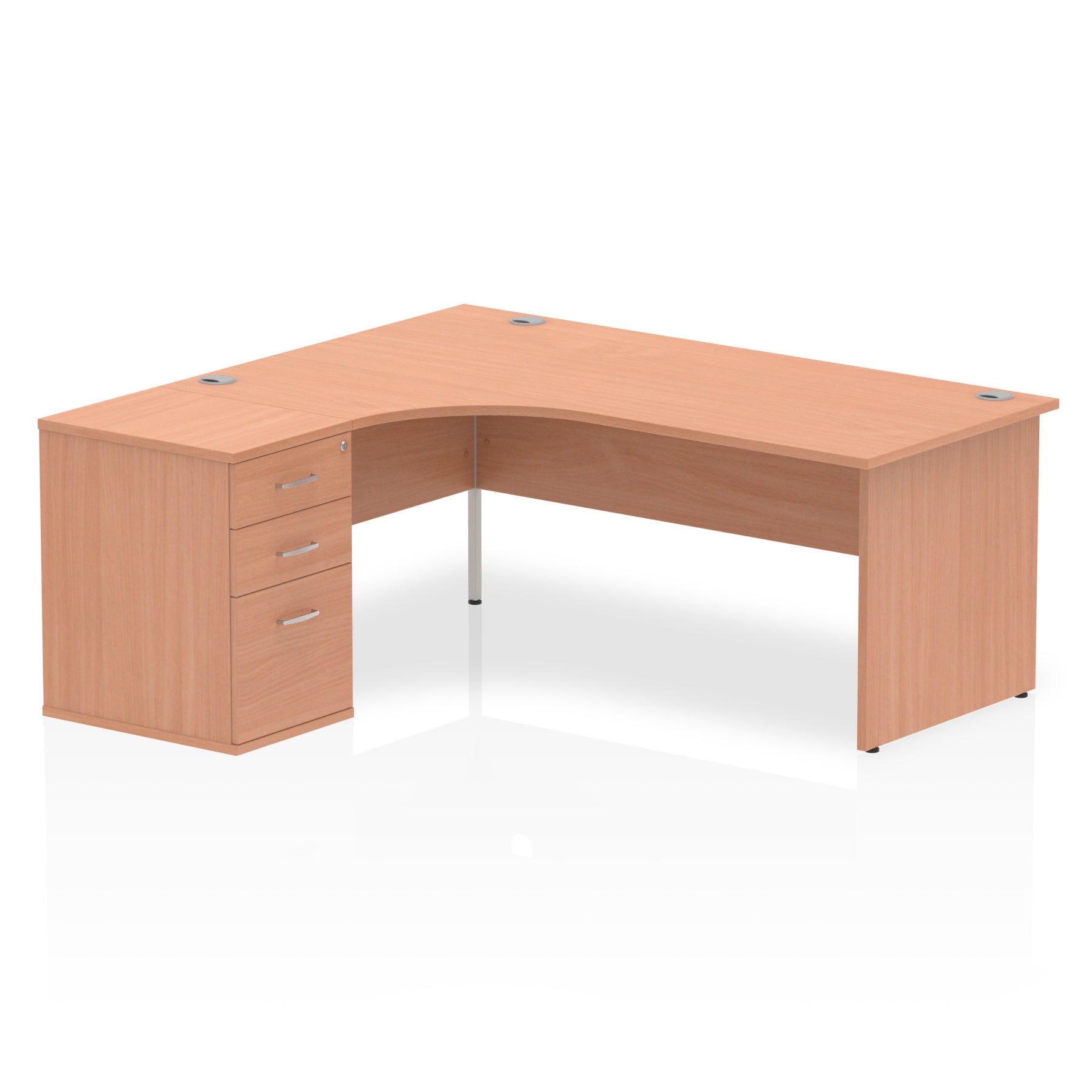 Wood-effect L-shaped desk with drawers on a white background